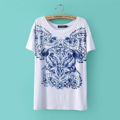 Z-2014春装新款欧美图腾立体印花圆领短袖女式T恤 0342 时尚单品解析