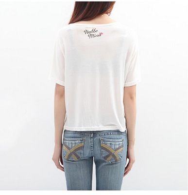 【203-0006韩版百搭夏款 蝴蝶结猫咪印花短袖莫代尔短款T恤罩衫F2M】—— 夏日清新时尚之选